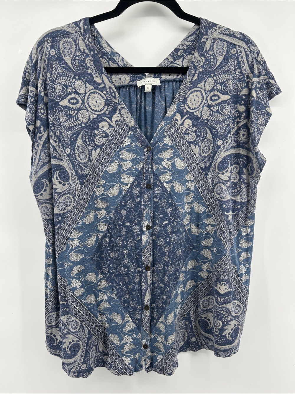 Lucky Brand Blue Paisley Button-Front V-Neck Blouse Women's Size 1X Western